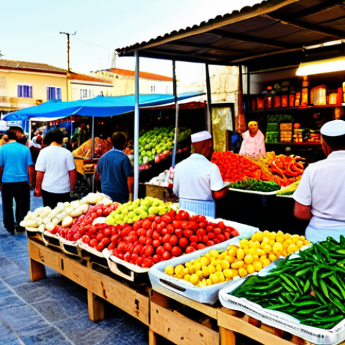 Home 4 **Image Prompt:** A bustling local market in North Cyprus with Cypriot Turkish vendors selling fresh produce, traditional crafts, and local delicacies like *hellimli*. Focus on the vibrant colors and community atmosphere.