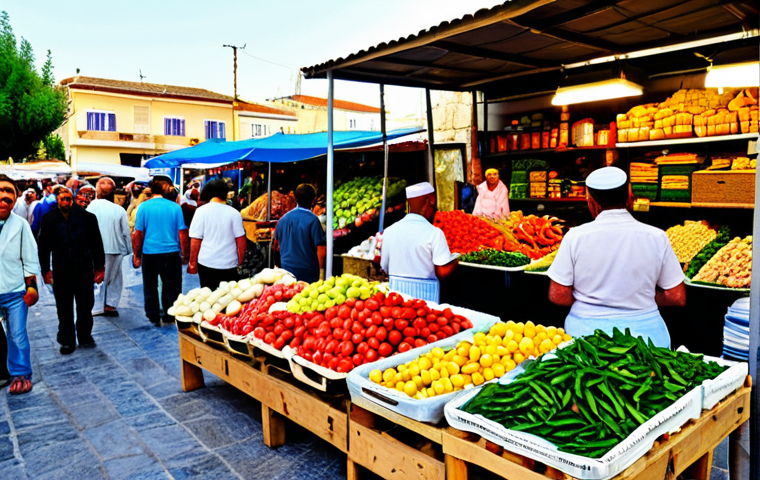 **Image Prompt:** A bustling local market in North Cyprus with Cypriot Turkish vendors selling fresh produce, traditional crafts, and local delicacies like *hellimli*. Focus on the vibrant colors and community atmosphere.